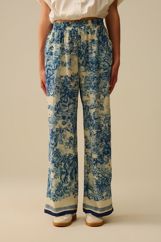 Q2 Pantaloni fluidi stampati in Toile de Jouy con vita elastica