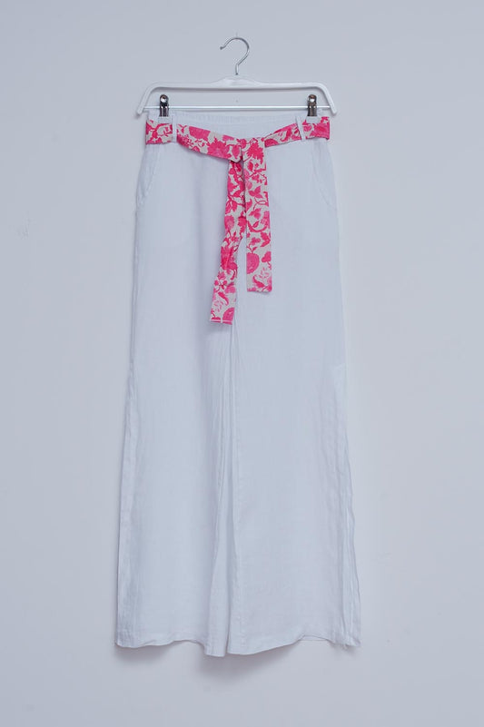 Q2 Pantaloni in lino ampi color bianco con spacchi laterali