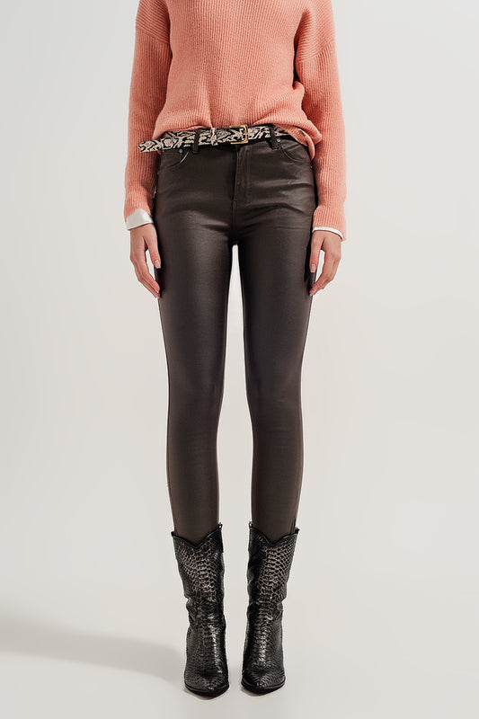 Q2 Pantaloni in pelle sintetica con fondo con spacco a cerniera kaki