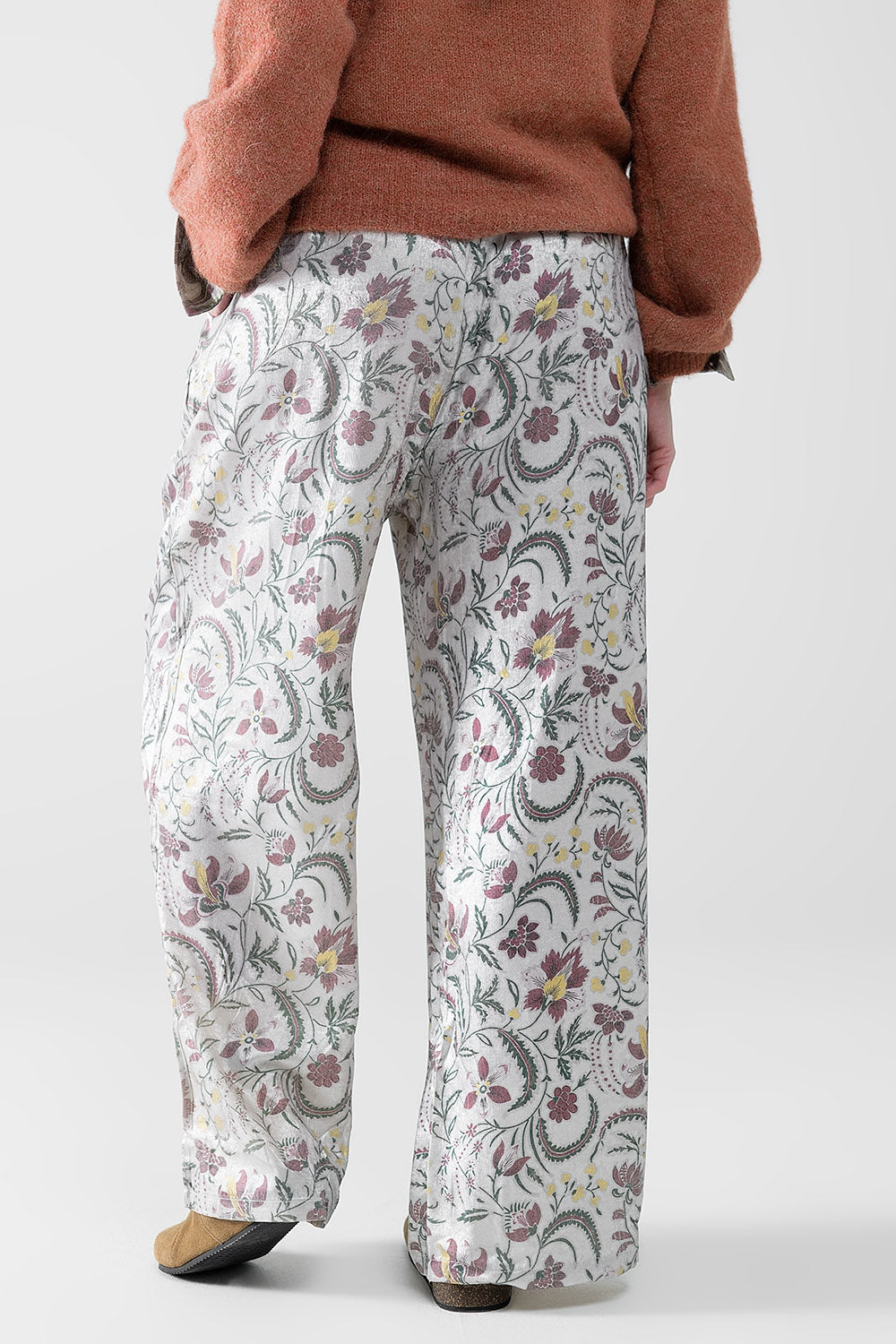 pantaloni in raso grigio stampato a fiori