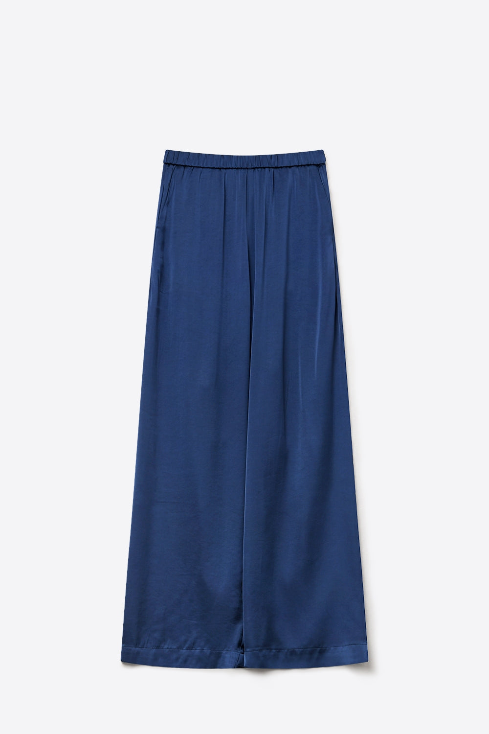 Pantaloni in raso leggero blu navy a gamba larga con elastico in vita