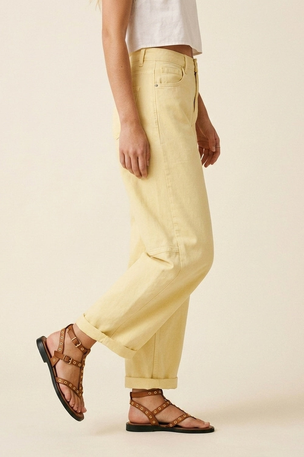Q2 Pantaloni larghi in cotone giallo chiaro con cucitura laterale