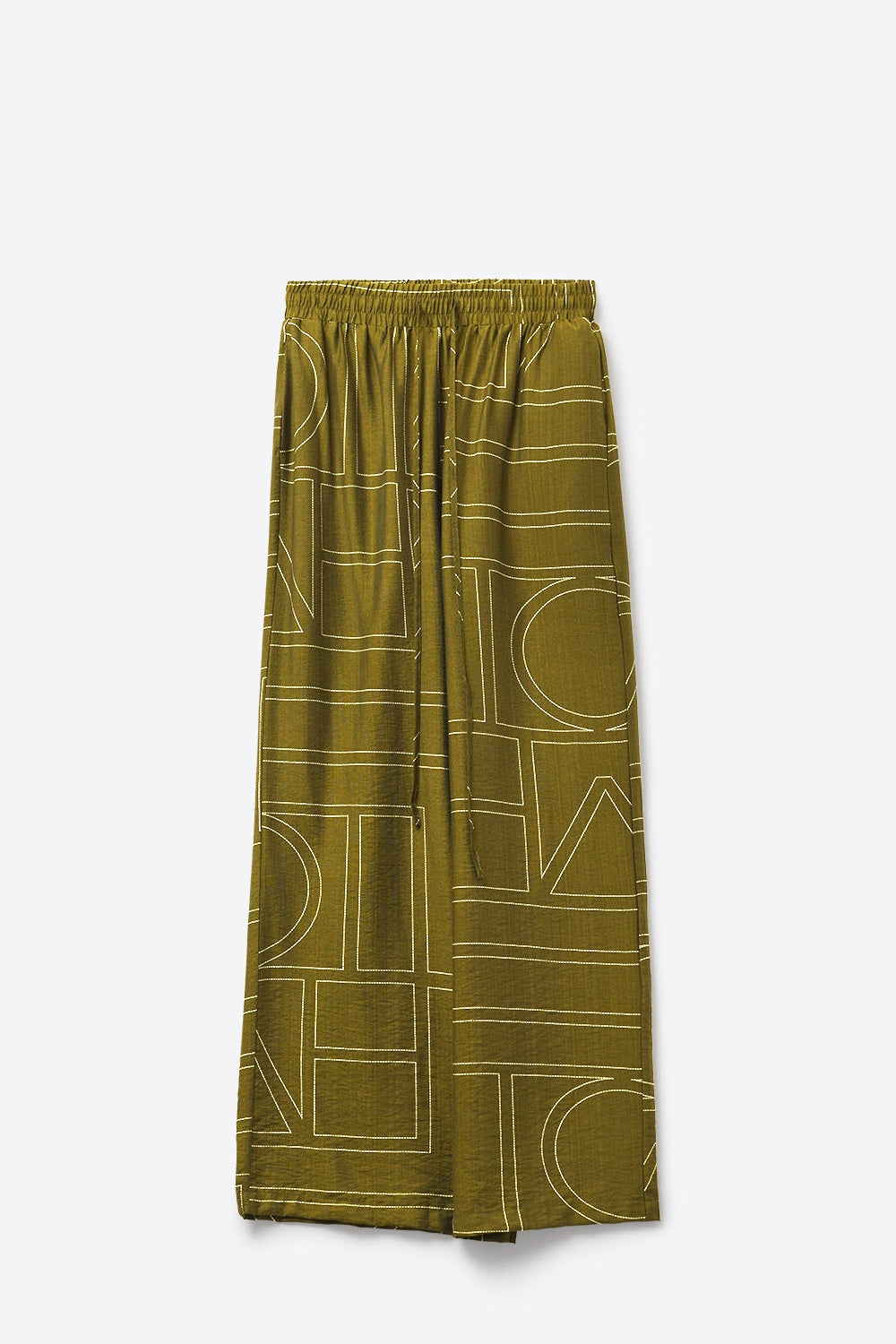 Pantaloni larghi in tessuto fine fluido oliva con stampa grafica
