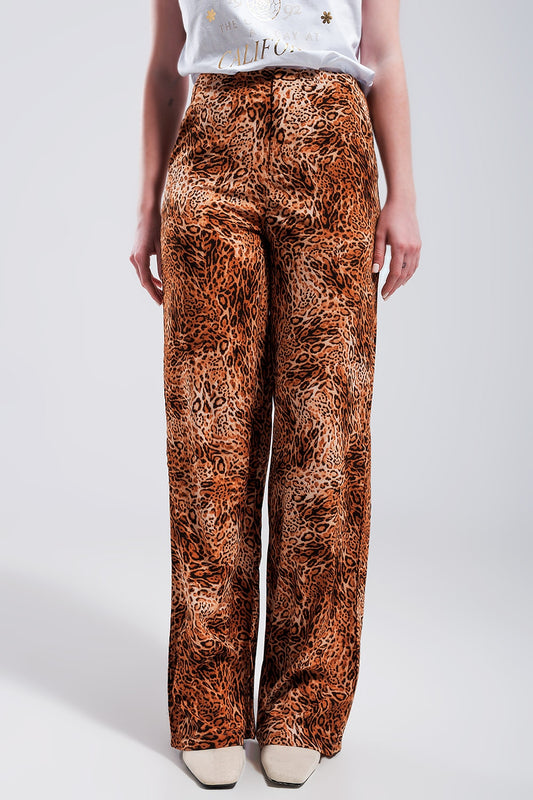 Q2 Pantaloni leggeri con fondo ampio marroni leopardati