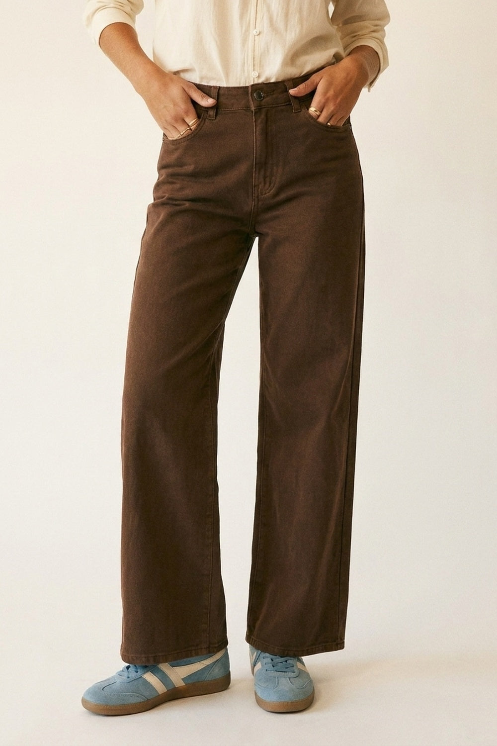 Q2 Pantaloni Marroni a Gamba Larga con Twill Leggero