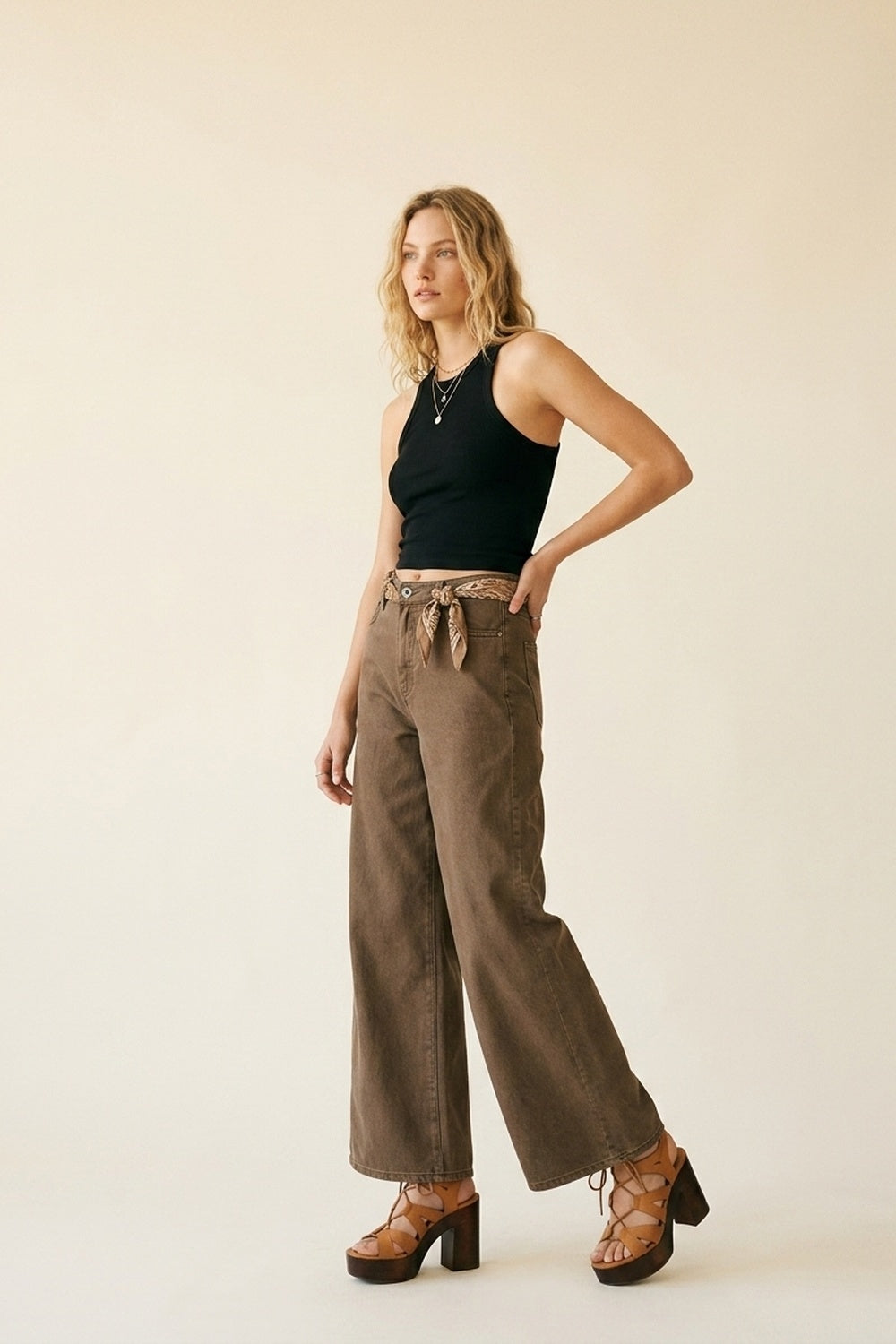 Pantaloni Marroni a Gamba Larga in Denim di Cotone Casual