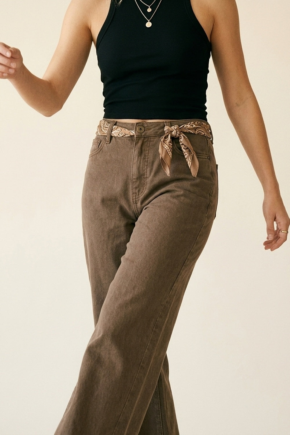Pantaloni Marroni a Gamba Larga in Denim di Cotone Casual