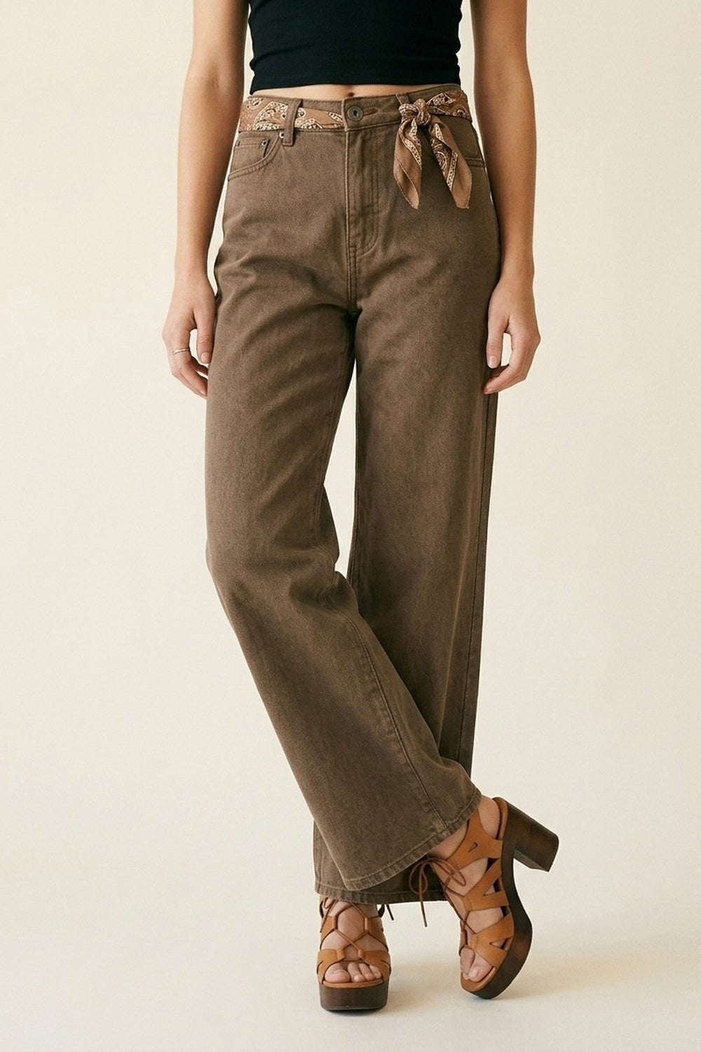 Q2 Pantaloni Marroni a Gamba Larga in Denim di Cotone Casual
