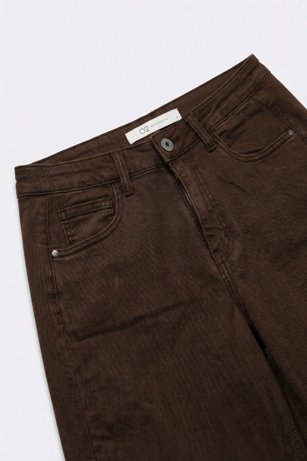 Pantaloni Marroni a Gamba Larga in Twill di Cotone con Tasche in Stile Barrel