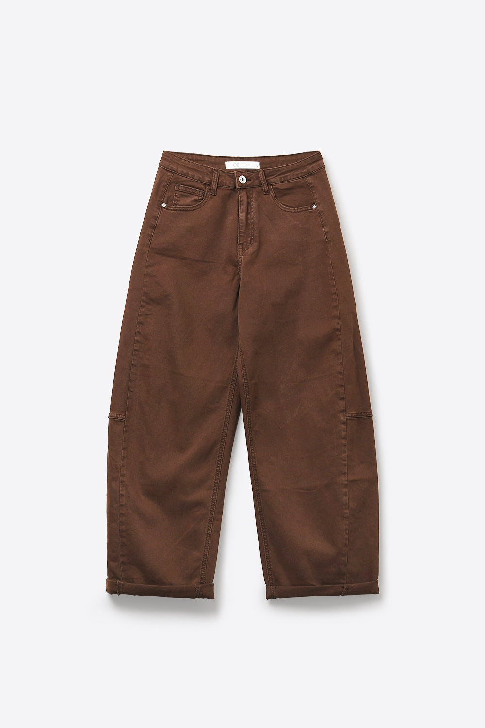 Pantaloni Marroni a Gamba Larga in Twill di Cotone con Tasche in Stile Barrel