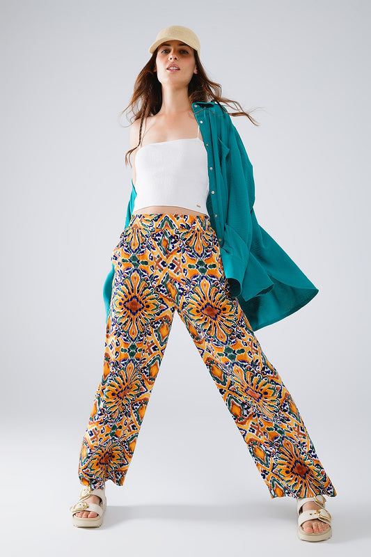 Q2 Pantaloni multicolore con stampa floreale in arancione e blu