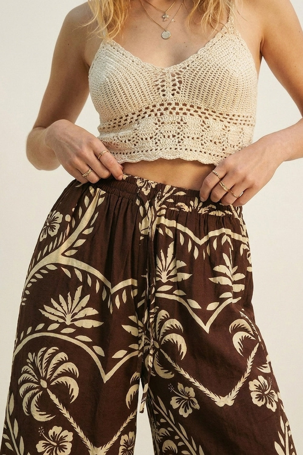Pantaloni Palazzo a Gamba Larga con Stampa Floreale Marrone