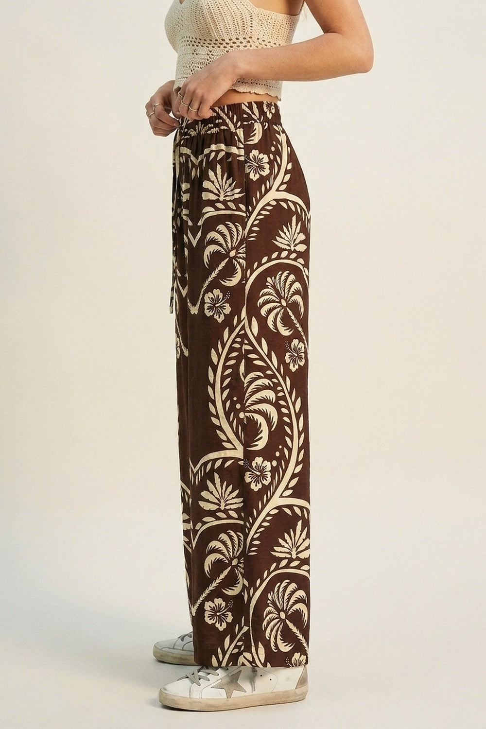 Pantaloni Palazzo a Gamba Larga con Stampa Floreale Marrone