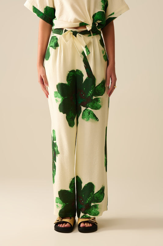 Q2 Pantaloni Palazzo Bianchi Con Stampa Floreale Tropicale Verde e Cintura Abbinata