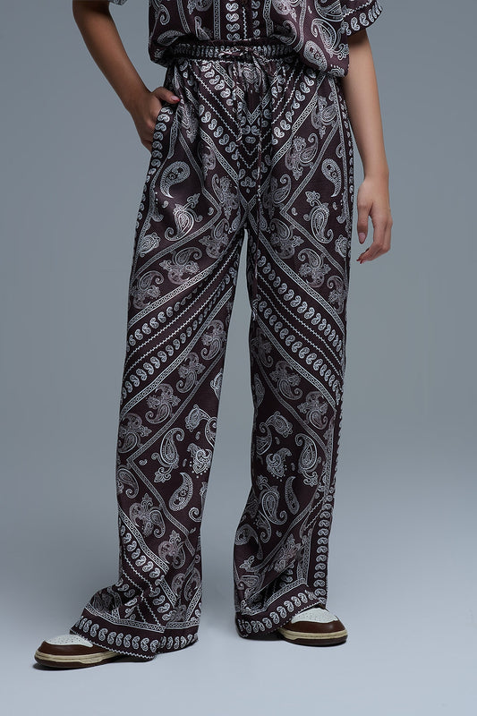 Q2 Pantaloni rilassati con stampa Paisley e coulisse regolabile in marrone