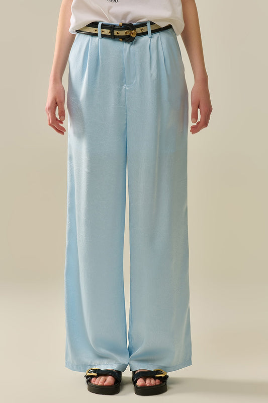 Q2 Pantaloni sartoriali in raso con gamba ampia in azzurro cielo