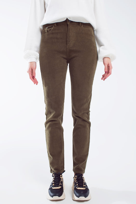 Q2 Pantaloni skinny di velluto a coste verde oliva