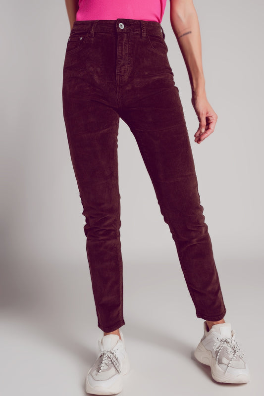 Q2 Pantaloni skinny di velluto in cotone marron cioccolato