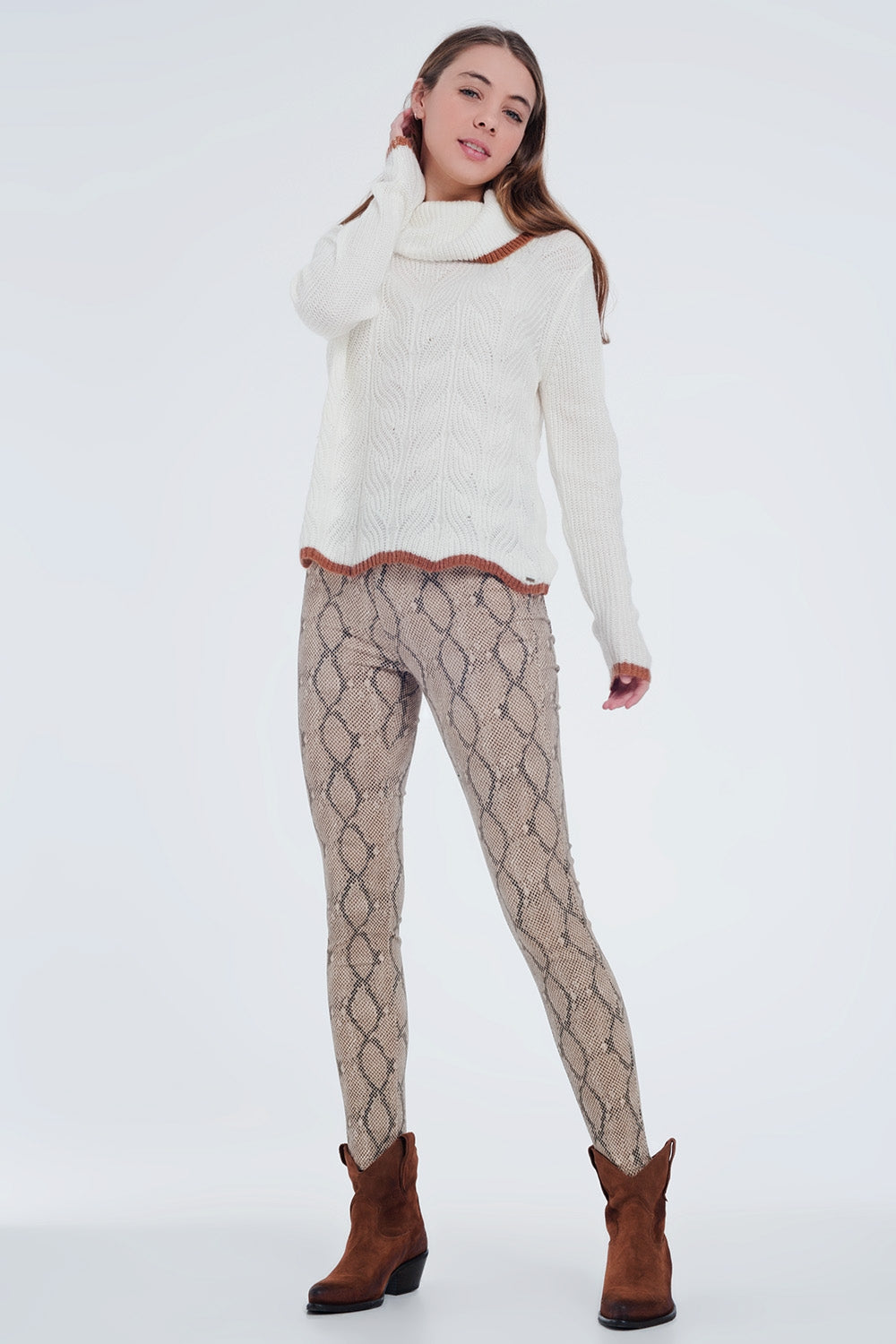 Pantaloni skinny pitonati cammello
