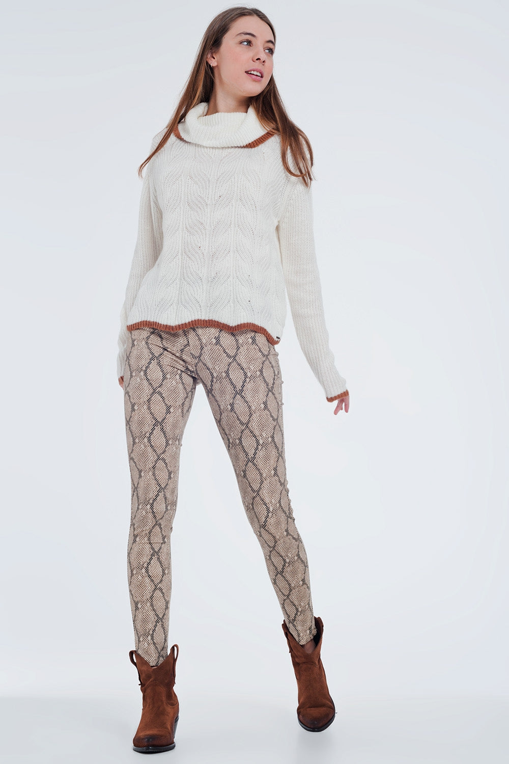 Pantaloni skinny pitonati cammello