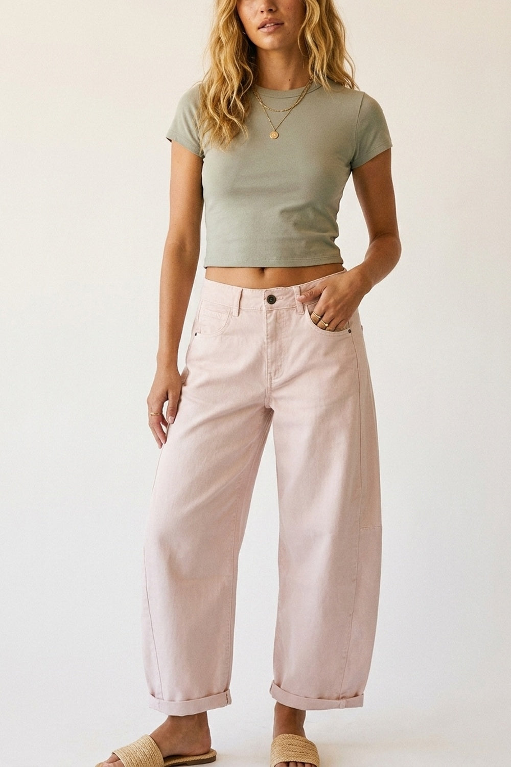 Q2 Pantaloni Stile Barrel a Gamba Larga Rosa Chiaro con Orli Risvoltati