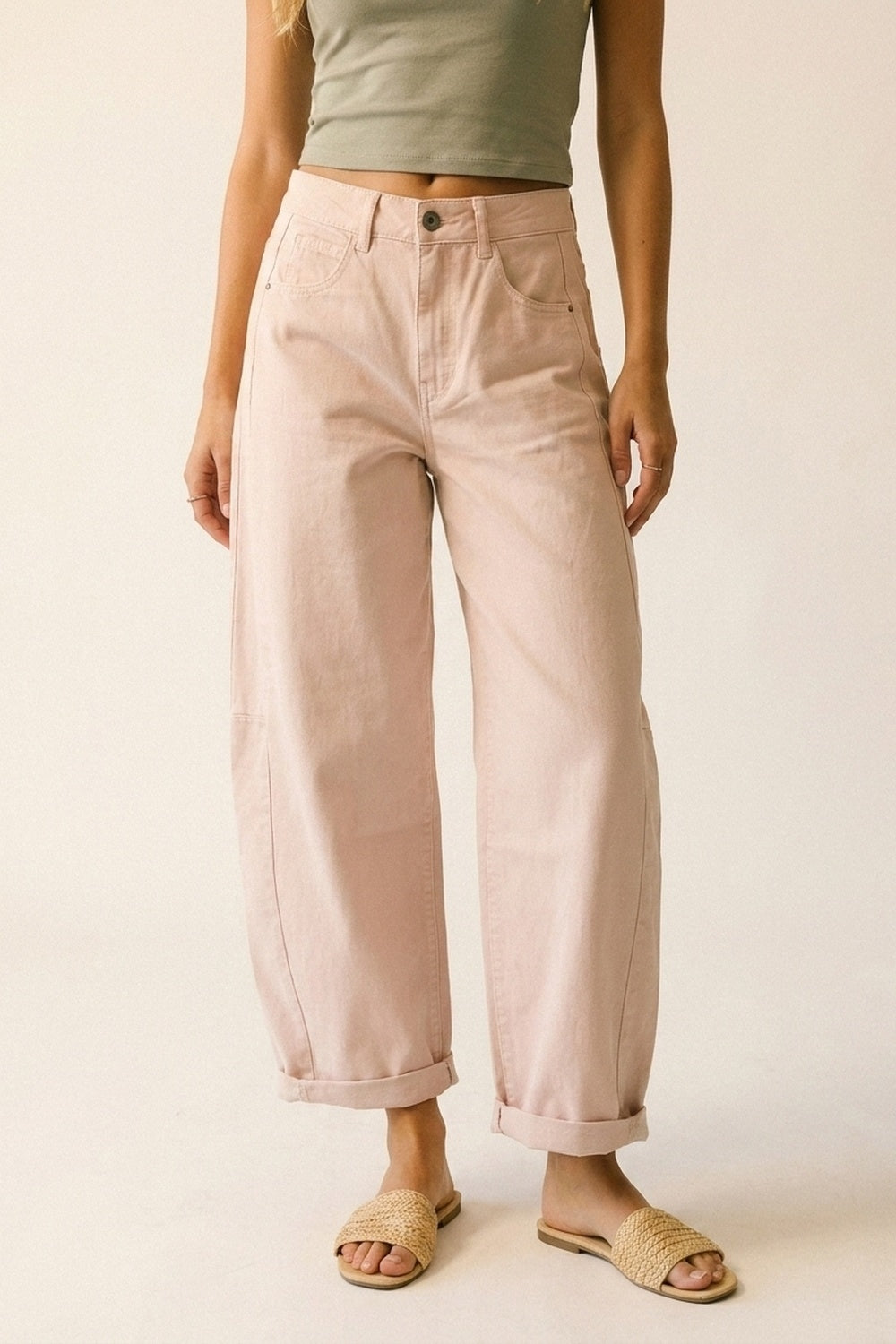 Pantaloni Stile Barrel a Gamba Larga Rosa Chiaro con Orli Risvoltati