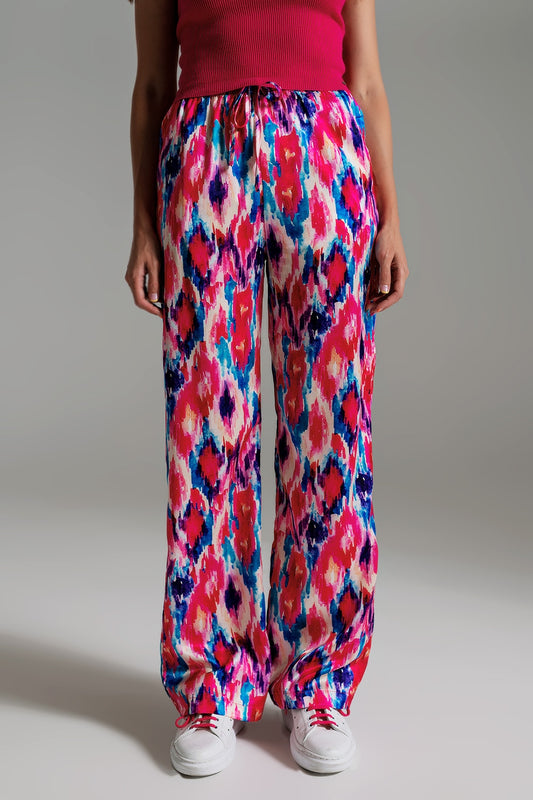 Q2 Pantaloni stile palazzo con stampa astratta rosa e blu