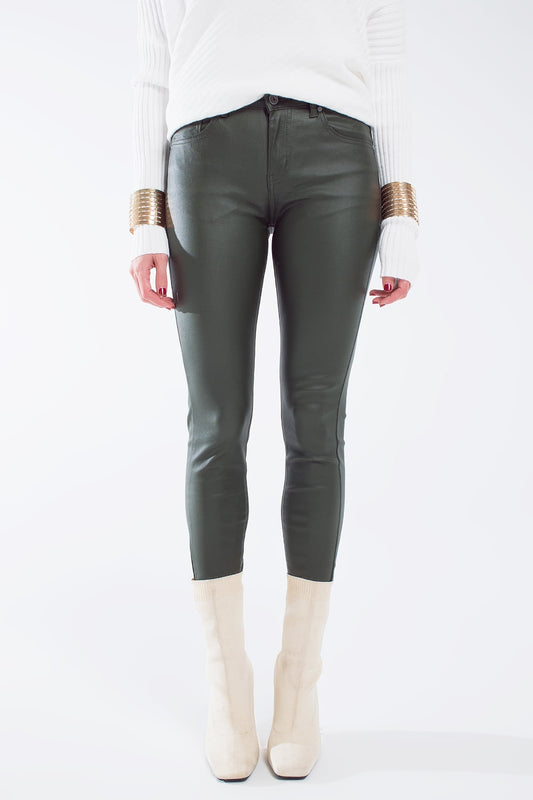 Q2 pantaloni super skinny effetto similpelle verde oliva