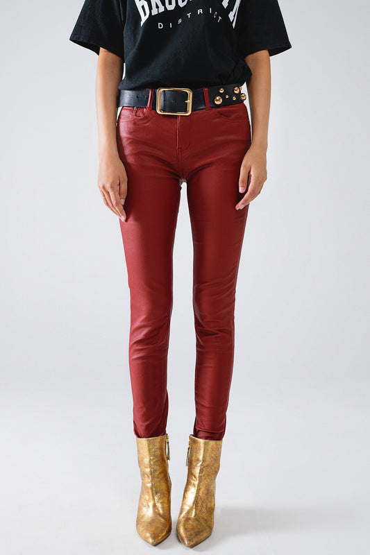 Q2 Pantaloni super skinny in ecopelle bordeaux