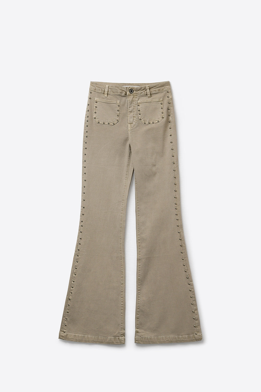 Pantaloni svasati beige con dettaglio laterale borchiato