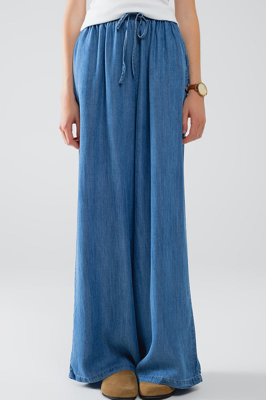 Q2 Pantaloni tencel fluidi a gamba larga in stile denim blu