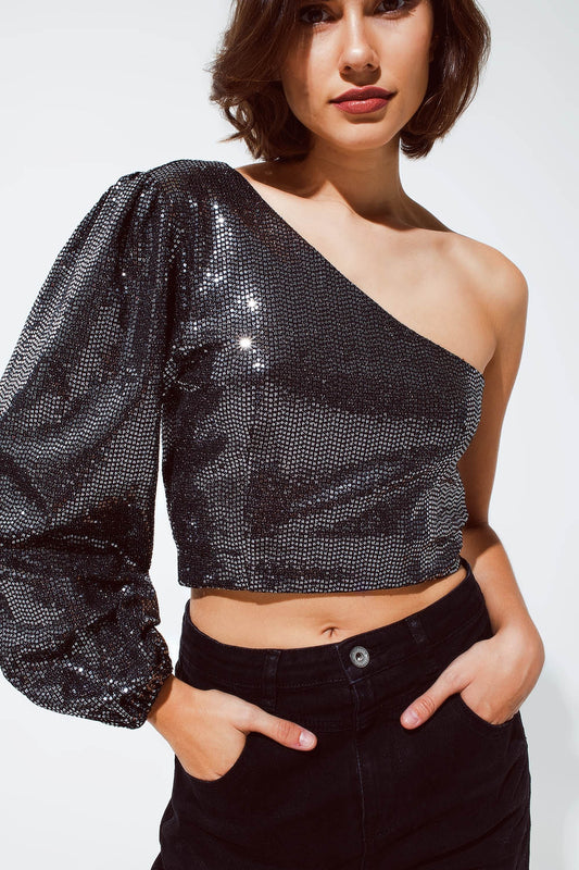 Q2 Party Top monospalla cropped con dettagli glitterati in argento