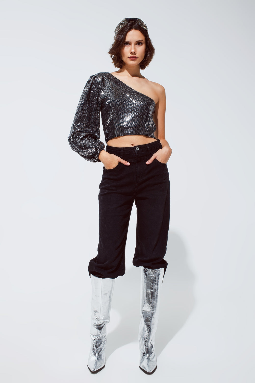 Party Top monospalla cropped con dettagli glitterati in argento