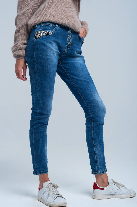 Q2 Perlini blu boyfriend dettagliati