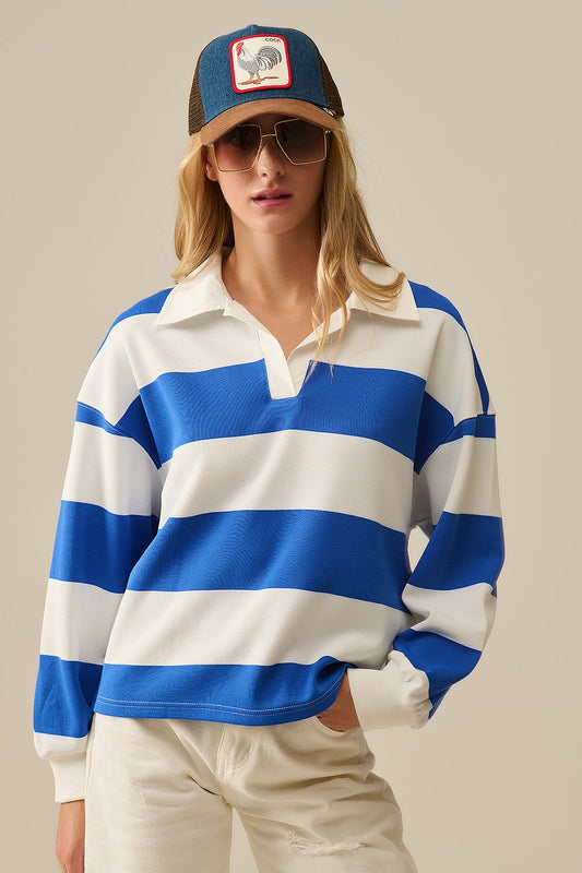 Q2 Polo a righe rilassata bianca con strisce blu