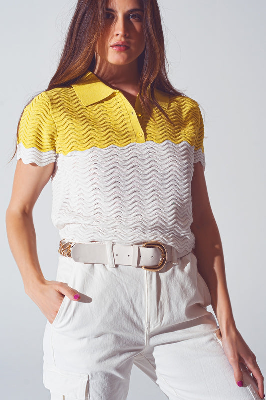 Q2 Polo corto a maglia a blocchi di colore bianco e giallo