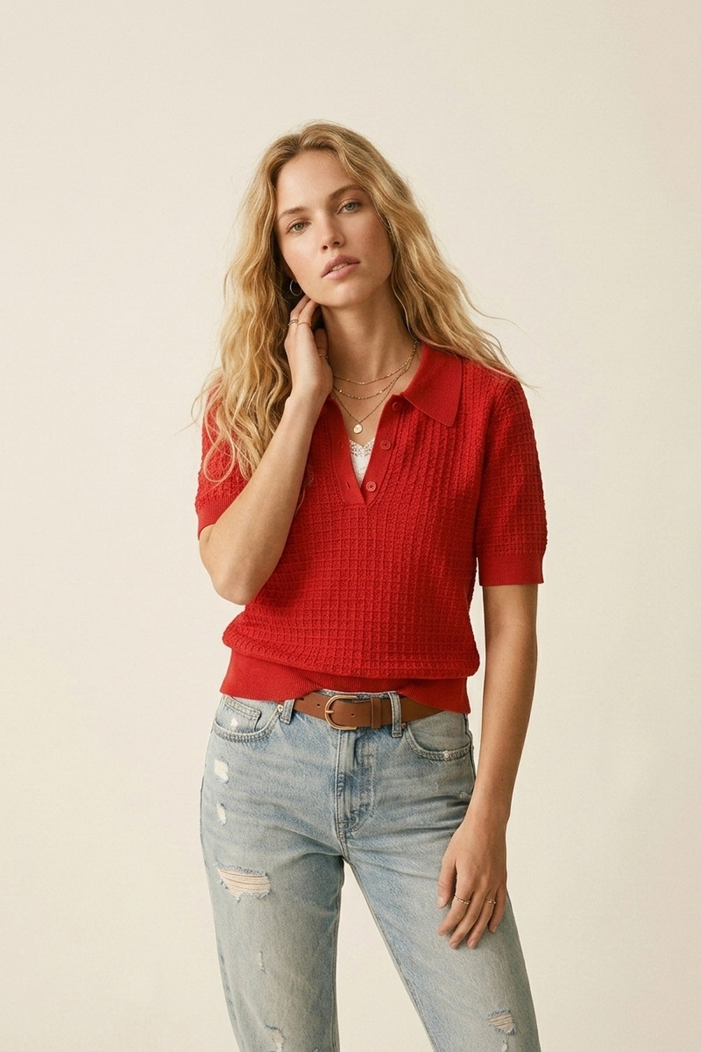 Q2 Polo in maglia a nido d'ape con abbottonatura in rosso a manica corta