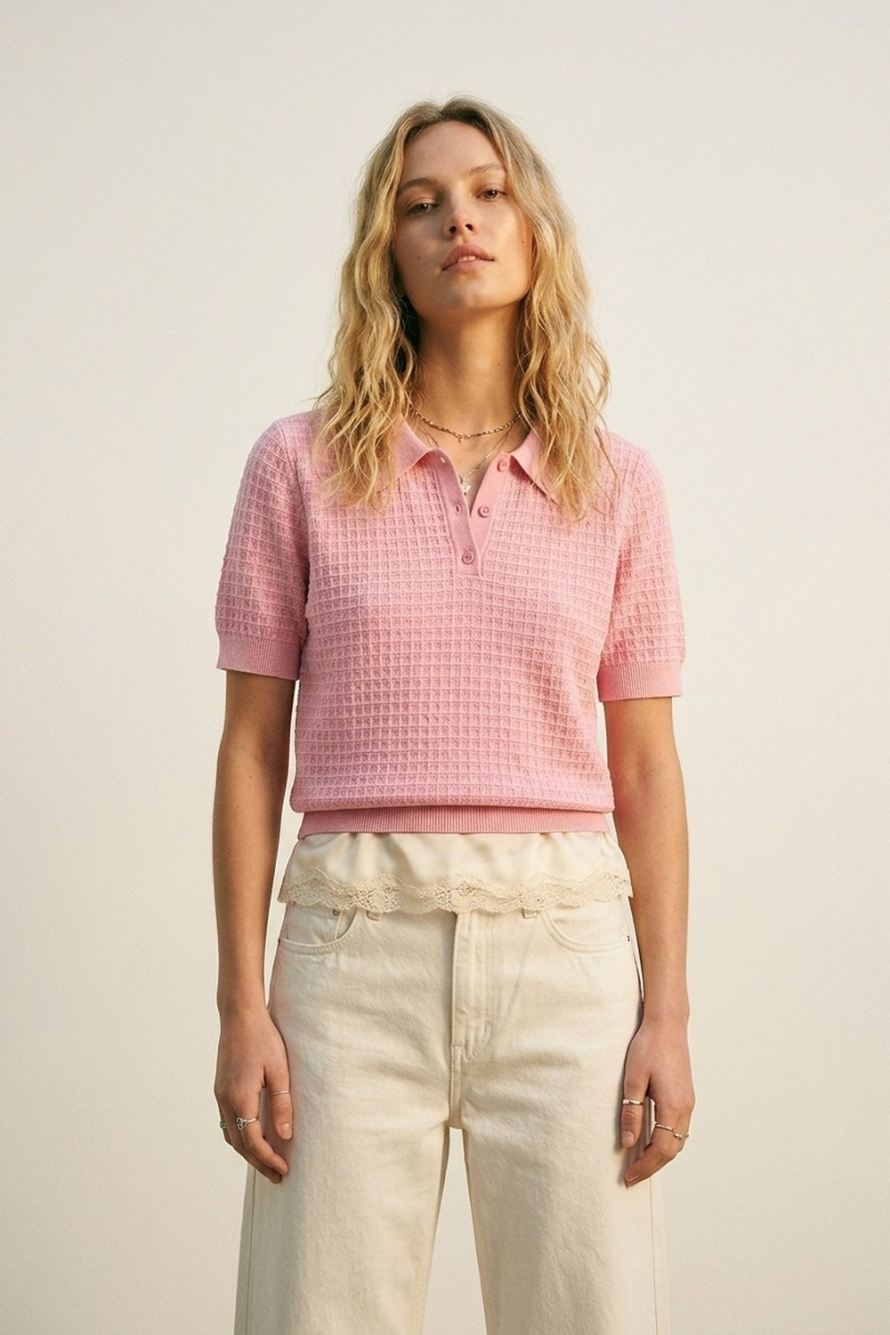 Q2 Polo in maglia a nido d'ape con bottoni in rosa con manica corta