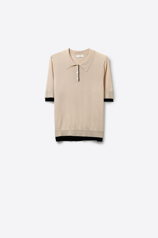 Q2 Polo in maglia beige con dettagli in nero