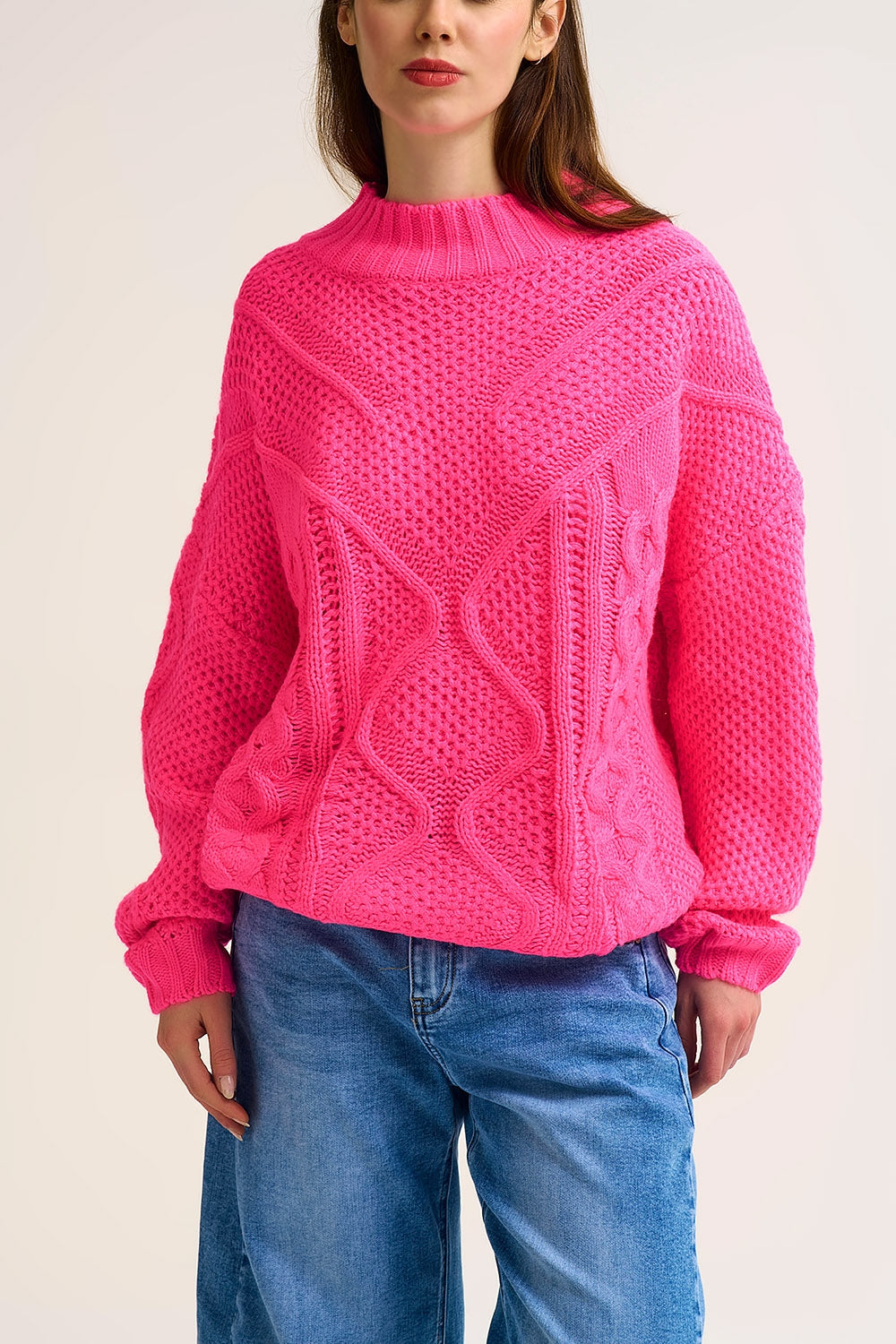 Pullover fucshia a maglia grossa con spalla scesa