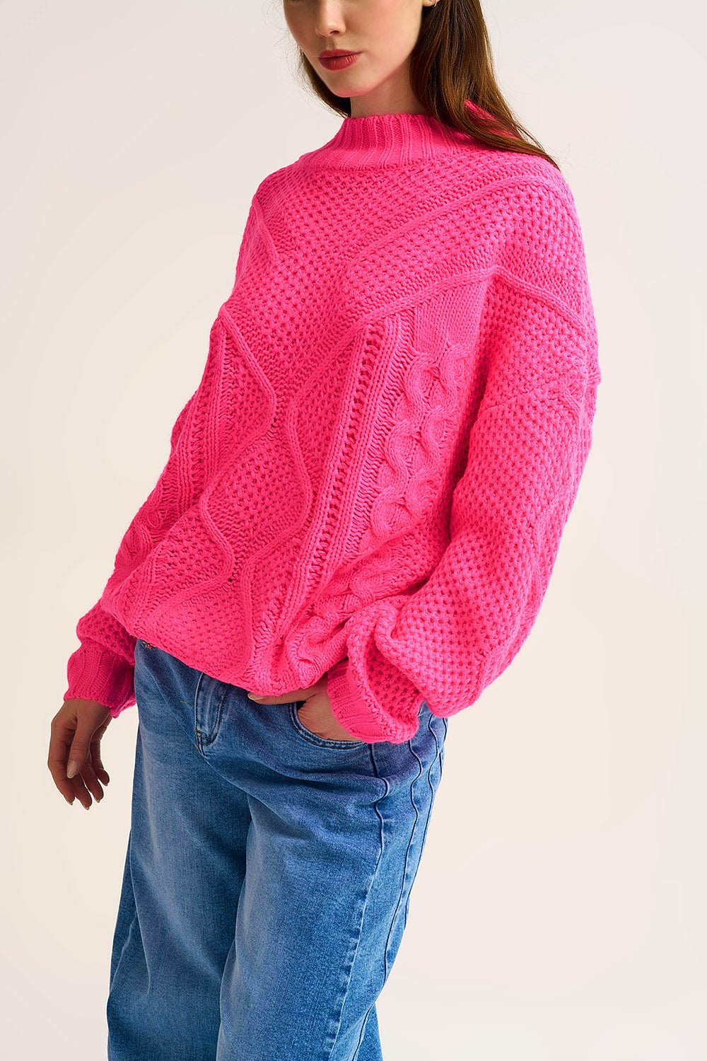 Pullover fucshia a maglia grossa con spalla scesa