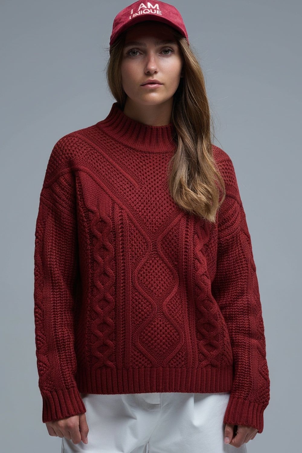 Q2 Pullover in maglia a coste maroon con spalla scesa