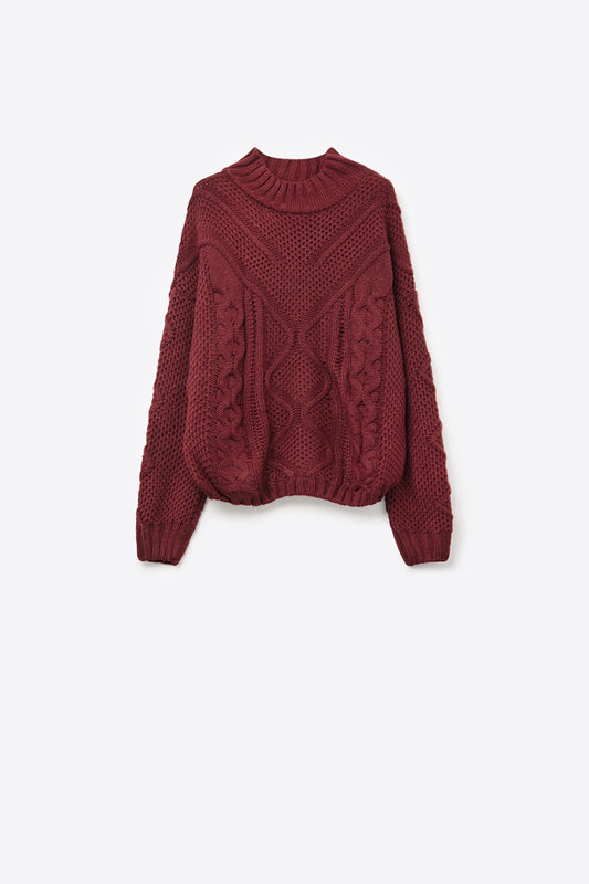 Pullover in maglia a coste maroon con spalla scesa