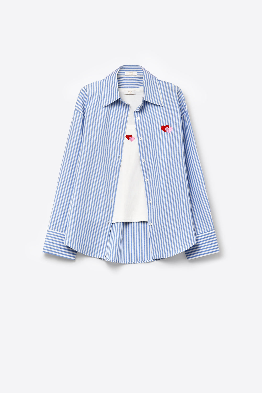 Set di maglietta e camicia 2 pezzi in cotone a righe blu con cuore ricamato