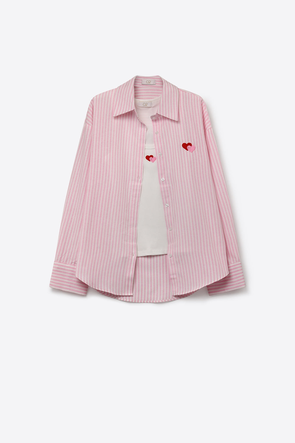 Set di maglietta e camicia a righe rosa in cotone con ricami a forma di cuore 2 pezzi