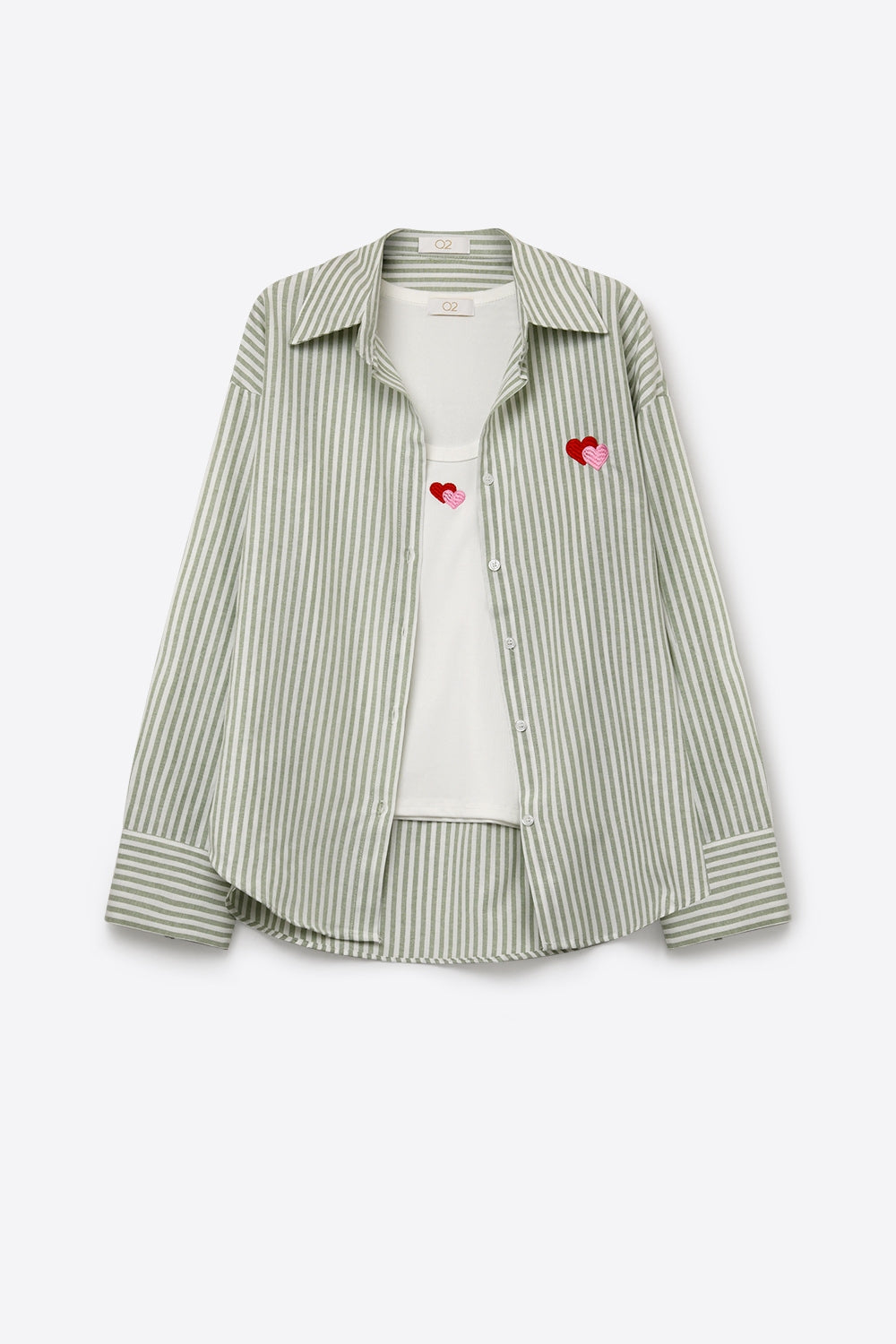 Set t-shirt e camicia a righe verdi in cotone ricamato con cuore 2 pezzi