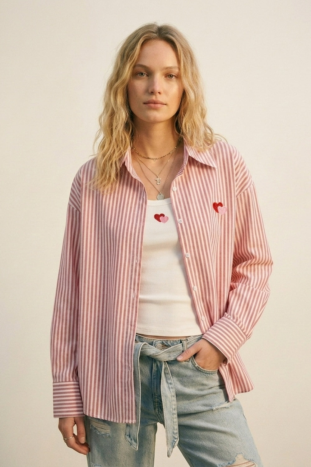 Set t-shirt e camicia ricamato a cuore in cotone a righe rosse 2 pezzi