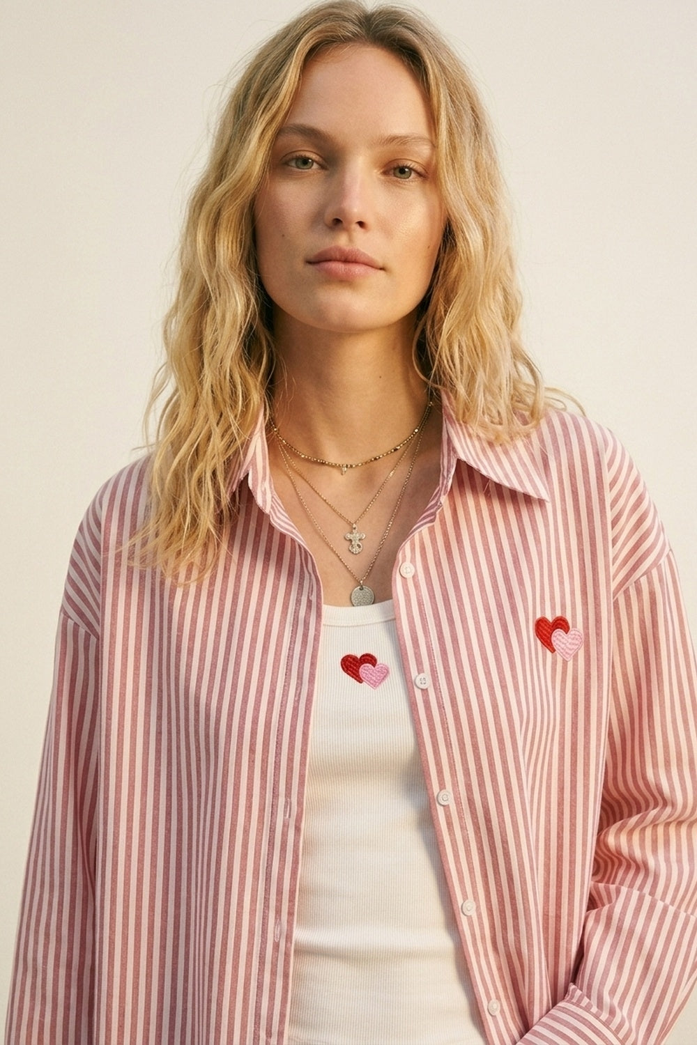 Set t-shirt e camicia ricamato a cuore in cotone a righe rosse 2 pezzi