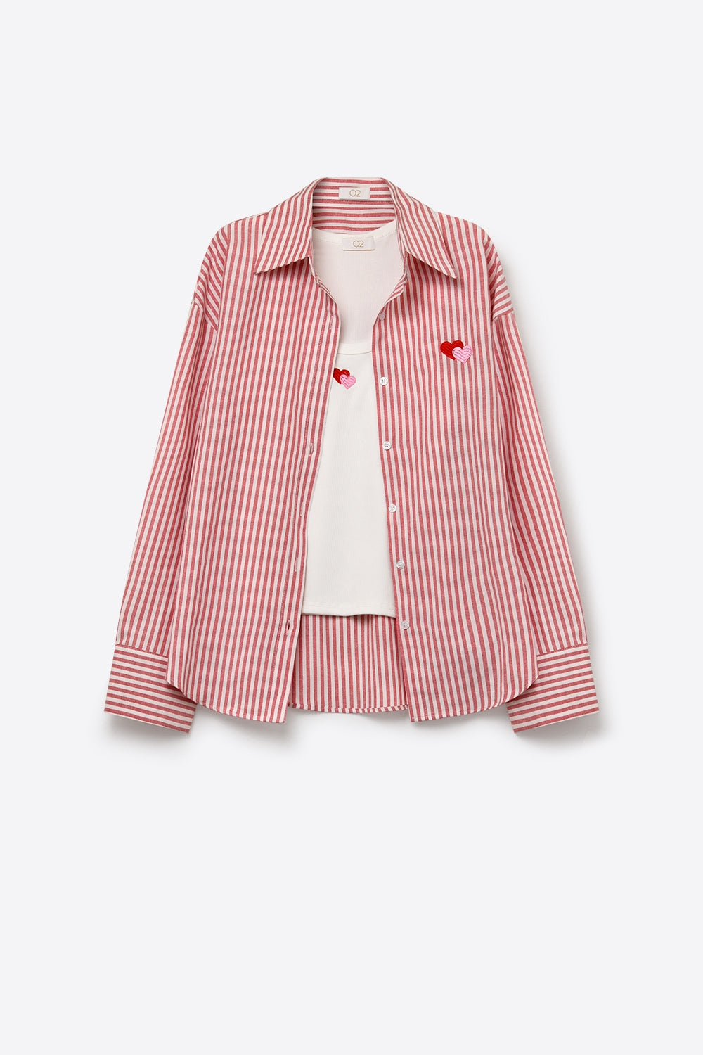 Set t-shirt e camicia ricamato a cuore in cotone a righe rosse 2 pezzi