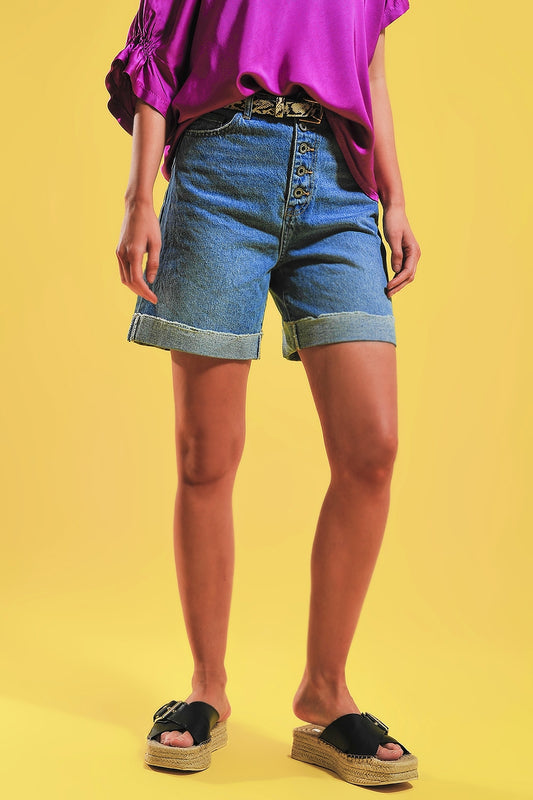 Q2 Shorts blu medio con bottoni sul davanti